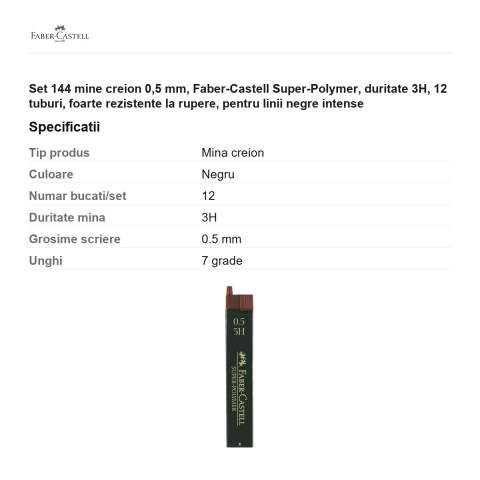 Set 144 mine creion 0,5 mm, Faber-Castell Super-Polymer, duritate 3H, 12 tuburi, foarte rezistente la rupere, pentru linii negre intense [2]
