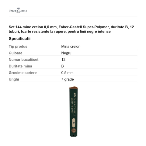 Set 144 mine creion 0,5 mm, Faber-Castell Super-Polymer, duritate B, 12 tuburi, foarte rezistente la rupere, pentru linii negre intense [2]