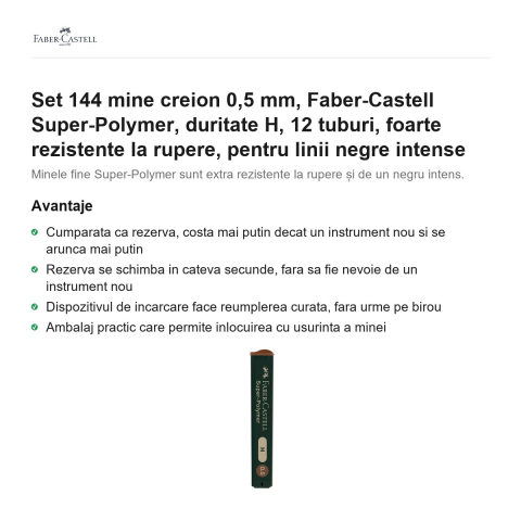 Set 144 mine creion 0,5 mm, Faber-Castell Super-Polymer, duritate H, 12 tuburi, foarte rezistente la rupere, pentru linii negre intense [1]