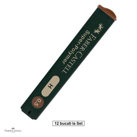 Mine pentru creioane mecanice - Set 144 mine creion 0,5 mm, Faber-Castell Super-Polymer, duritate H, 12 tuburi, foarte rezistente la rupere, pentru linii negre intense