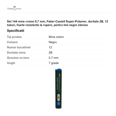 Set 144 mine creion 0,7 mm, Faber-Castell Super-Polymer, duritate 2B, 12 tuburi, foarte rezistente la rupere, pentru linii negre intense [2]