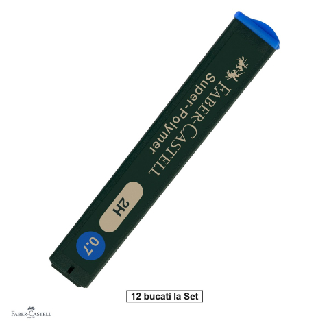 Mine pentru creioane mecanice - Set 144 mine creion 0,7 mm, Faber-Castell Super-Polymer, duritate 2H, 12 tuburi, foarte rezistente la rupere, pentru linii negre intense