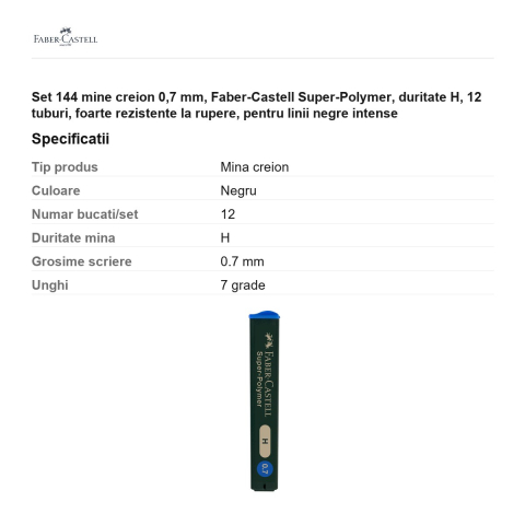 Set 144 mine creion 0,7 mm, Faber-Castell Super-Polymer, duritate H, 12 tuburi, foarte rezistente la rupere, pentru linii negre intense [2]
