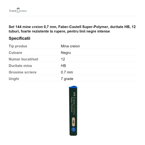 Set 144 mine creion 0,7 mm, Faber-Castell Super-Polymer, duritate HB, 12 tuburi, foarte rezistente la rupere, pentru linii negre intense [2]