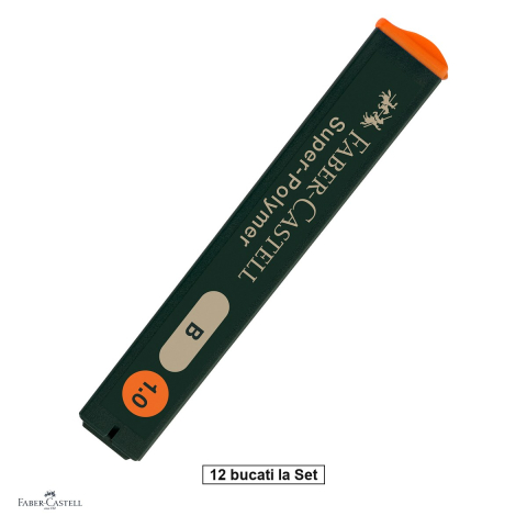 Mine pentru creioane mecanice - Set 144 mine creion 1 mm (0,9 mm), Faber-Castell Super-Polymer, duritate B, 12 tuburi, foarte rezistente la rupere, pentru linii negre intense