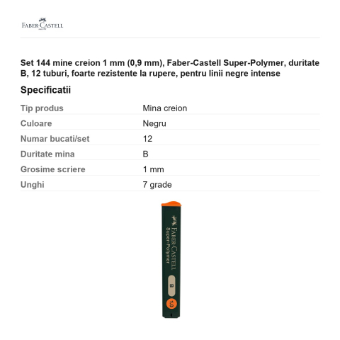 Set 144 mine creion 1 mm (0,9 mm), Faber-Castell Super-Polymer, duritate B, 12 tuburi, foarte rezistente la rupere, pentru linii negre intense [2]