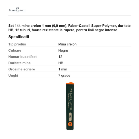 Set 144 mine creion 1 mm (0,9 mm), Faber-Castell Super-Polymer, duritate HB, 12 tuburi, foarte rezistente la rupere, pentru linii negre intense [2]