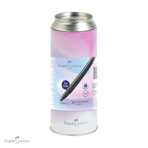 Linere - Set 15 linere 0.4 mm Faber-Castell, forma ergonomica triunghiulara, culori standard si pastel, cutie metal
