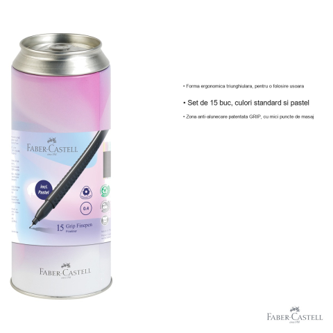 Set 15 linere 0.4 mm Faber-Castell, forma ergonomica triunghiulara, culori standard si pastel, cutie metal [2]