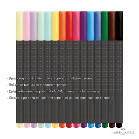 Set 15 linere 0.4 mm Faber-Castell, forma ergonomica triunghiulara, culori standard si pastel, cutie metal [1]