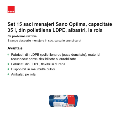 Set 15 saci menajeri Sano Optima, capacitate 35 l, din polietilena LDPE, albastri, la rola [1]