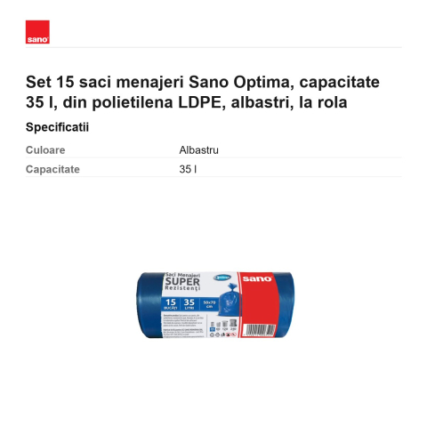Set 15 saci menajeri Sano Optima, capacitate 35 l, din polietilena LDPE, albastri, la rola [2]