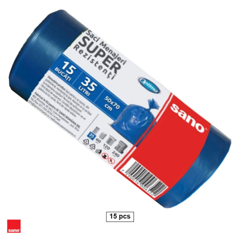 Menaj - Set 15 saci menajeri Sano Optima, capacitate 35 l, din polietilena LDPE, albastri, la rola