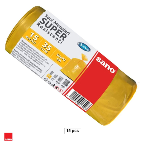 Menaj - Set 15 saci menajeri Sano Optima, capacitate 35 l, din polietilena LDPE, galbeni, la rola