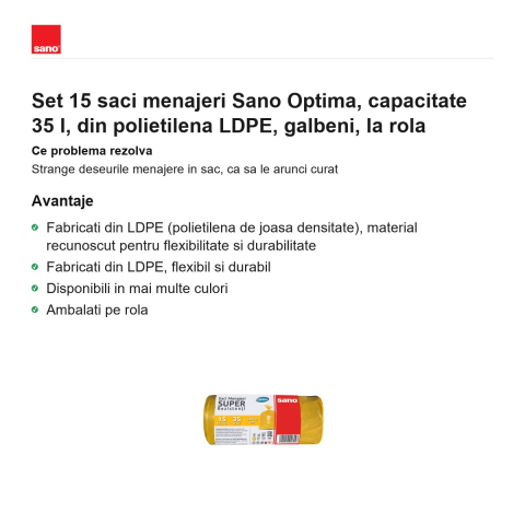 Set 15 saci menajeri Sano Optima, capacitate 35 l, din polietilena LDPE, galbeni, la rola [1]