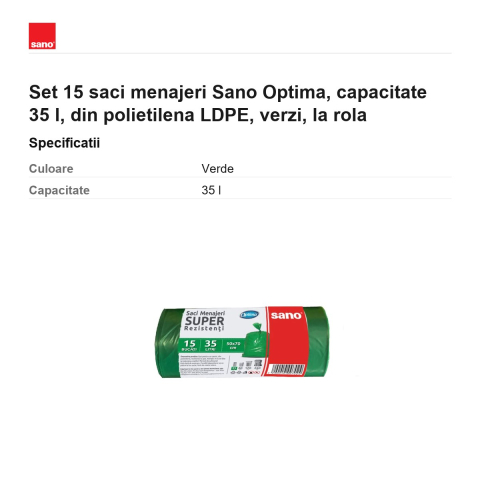 Set 15 saci menajeri Sano Optima, capacitate 35 l, din polietilena LDPE, verzi, la rola [2]