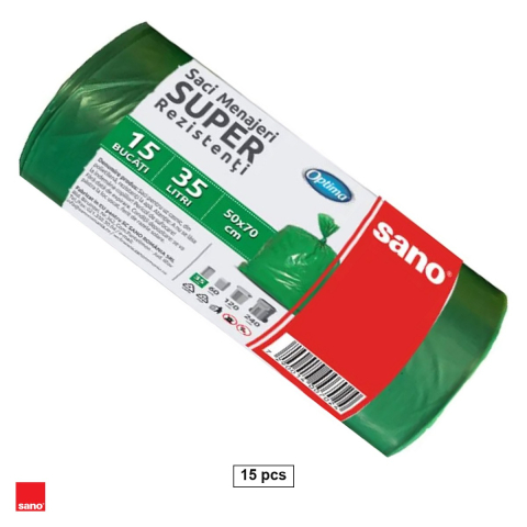 Menaj - Set 15 saci menajeri Sano Optima, capacitate 35 l, din polietilena LDPE, verzi, la rola