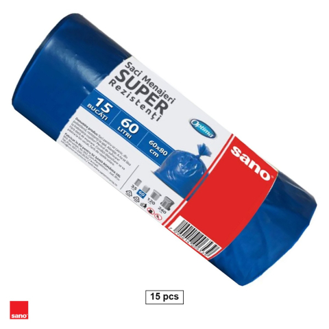 Menaj - Set 15 saci menajeri Sano Optima, capacitate 60 l, din polietilena LDPE, albastri, la rola