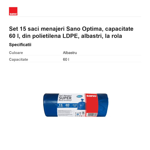 Set 15 saci menajeri Sano Optima, capacitate 60 l, din polietilena LDPE, albastri, la rola [2]