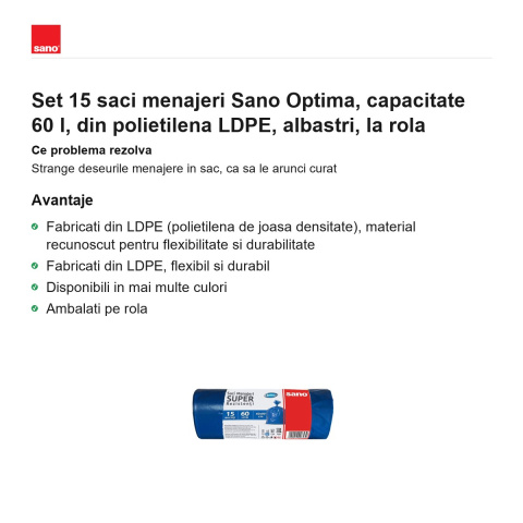 Set 15 saci menajeri Sano Optima, capacitate 60 l, din polietilena LDPE, albastri, la rola [1]