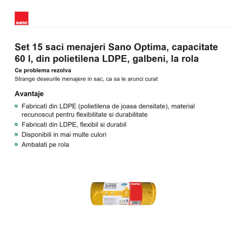 Set 15 saci menajeri Sano Optima, capacitate 60 l, din polietilena LDPE, galbeni, la rola [1]