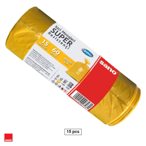 Menaj - Set 15 saci menajeri Sano Optima, capacitate 60 l, din polietilena LDPE, galbeni, la rola