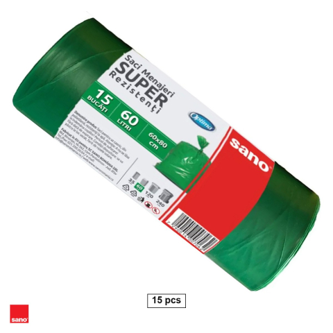 Menaj - Set 15 saci menajeri Sano Optima, capacitate 60 l, din polietilena LDPE, verzi, la rola