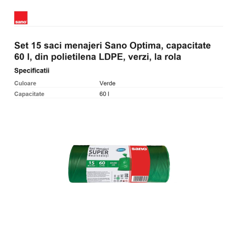 Set 15 saci menajeri Sano Optima, capacitate 60 l, din polietilena LDPE, verzi, la rola [2]