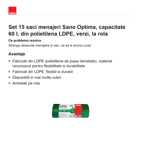 Set 15 saci menajeri Sano Optima, capacitate 60 l, din polietilena LDPE, verzi, la rola [1]