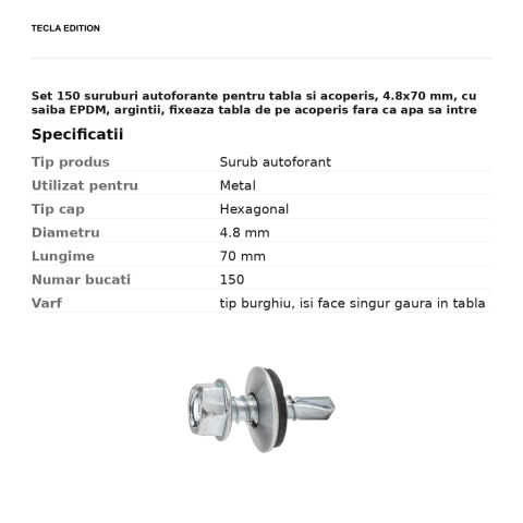 Set 150 suruburi autoforante pentru tabla si acoperis, 4.8x70 mm, cu saiba EPDM, argintii, fixeaza tabla de pe acoperis fara ca apa sa intre pe la surub [2]
