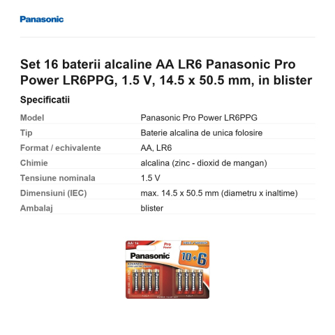 Set 16 baterii alcaline AA LR6 Panasonic Pro Power LR6PPG, 1.5 V, 14.5 x 50.5 mm, in blister [2]