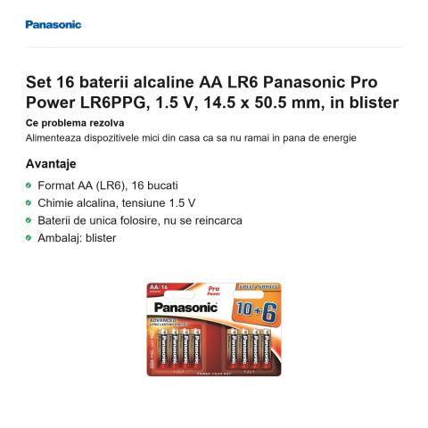 Set 16 baterii alcaline AA LR6 Panasonic Pro Power LR6PPG, 1.5 V, 14.5 x 50.5 mm, in blister [1]
