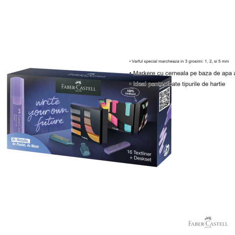 Set 16 textmarkere Faber-Castell 46, varf 3 grosimi, culori metalice pastel si neon [2]