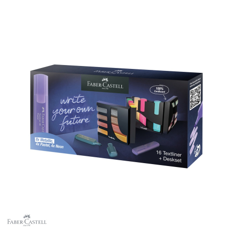 Birotica papetarie - Set 16 textmarkere Faber-Castell 46, varf 3 grosimi, culori metalice pastel si neon