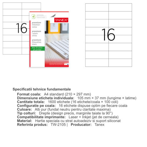 Set 1600 etichete autoadezive A4, 100 coli, 16 etichete/coala, 105x37 mm, albe, colturi drepte, pentru imprimante laser si inkjet, Tanex TW-2105 [2]