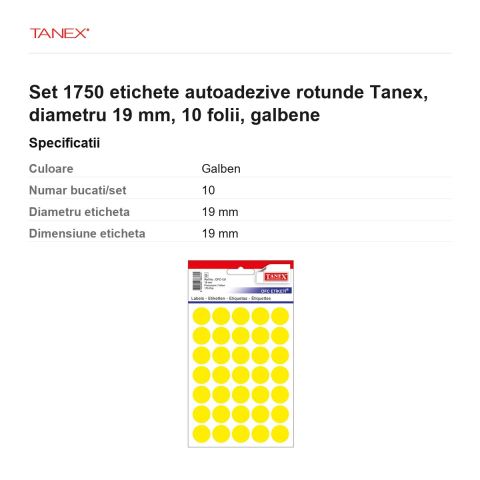 Set 1750 etichete autoadezive rotunde Tanex, diametru 19 mm, 10 seturi, galbene [2]
