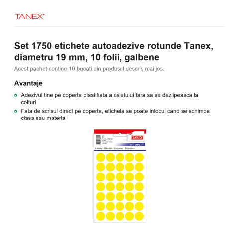 Set 1750 etichete autoadezive rotunde Tanex, diametru 19 mm, 10 seturi, galbene [1]