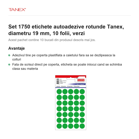 Set 1750 etichete autoadezive rotunde Tanex, diametru 19 mm, 10 seturi, verzi [1]