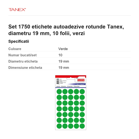 Set 1750 etichete autoadezive rotunde Tanex, diametru 19 mm, 10 seturi, verzi [2]