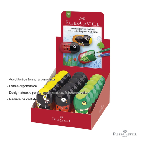 Set 18 ascutitori duble Faber-Castell, modele asortate pestisor, buburuza si vultur, cu container si radiera, pentru copii [1]