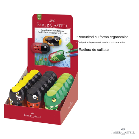 Set 18 ascutitori duble Faber-Castell, modele asortate pestisor, buburuza si vultur, cu container si radiera, pentru copii [2]