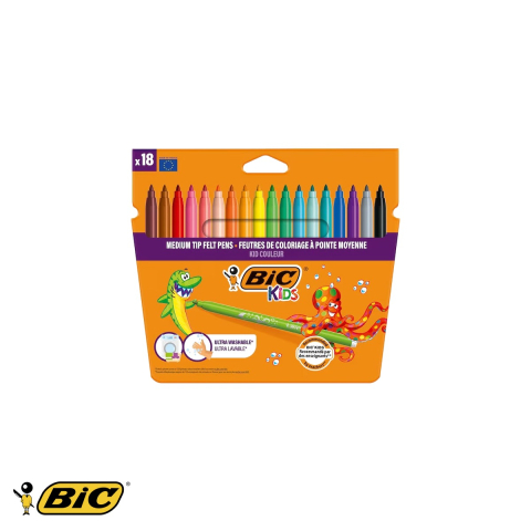Birotica papetarie - Set 18 carioci Bic Kid Couleur ultralavabile, varf mediu, culori intense, pentru copii de la 5 ani