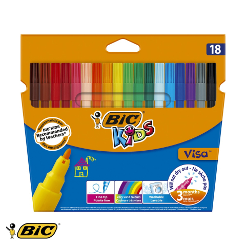 Birotica papetarie - Set 18 carioci lavabile Bic Visa, varf subtire, culori intense, pentru copii