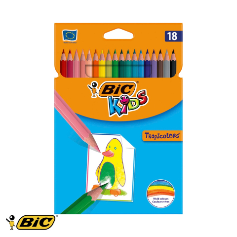 Birotica papetarie - Set 18 creioane colorate Bic Tropicolors, hexagonale, fara lemn, pentru copii