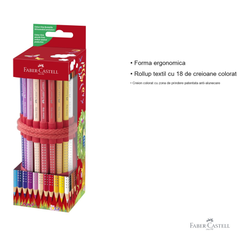 Set 18 creioane colorate Faber-Castell Grip, rollup textil cu ascutitoare, forma ergonomica, pentru copii si adulti [2]