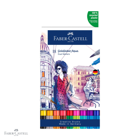 Markere si instrumente de desen artistic - Set 18 markere solubile cu doua capete Faber-Castell Goldfaber, varf pensula si varf fin, pentru desen si ilustratie
