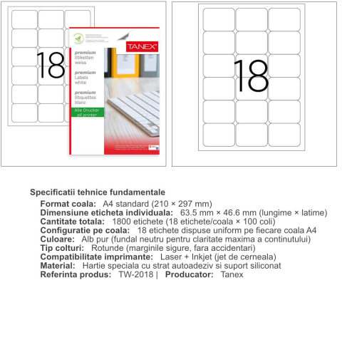 Set 1800 etichete autoadezive,100 coli A4, 18 etichete/coala, 63.5x46.6 mm, albe, colturi rotunde, pentru imprimante laser si inkjet, Tanex TW-2018 [2]