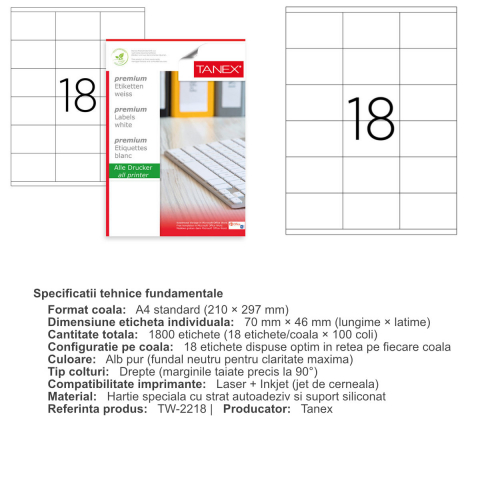 Set 1800 etichete autoadezive A4, 100 coli, 18 etichete/coala, 70x46 mm, albe, colturi drepte, pentru imprimante laser si inkjet, Tanex TW-2218 [2]