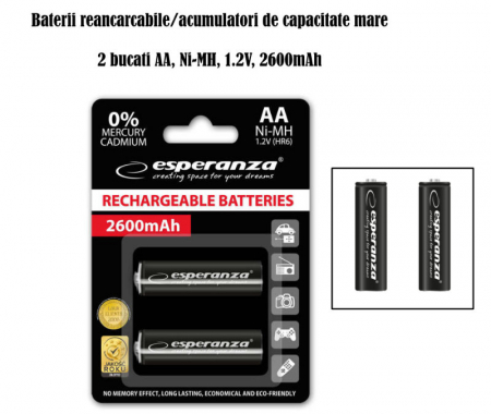 Set 2 acumulatori AA R6 Esperanza 92254, 2600mAh, Ni-MH, 1.2V, reincarcabili, negri [3]