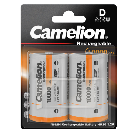 Acumulator R20 - Set 2 Acumulatori D (LR20) Reincarcabili Camelion Ni-MH 10000mAh, Preincarcati, Capacitate Ultra-Mare, Pentru Jucarii Mari, Echipamente Puternice, Lanterne, Blister